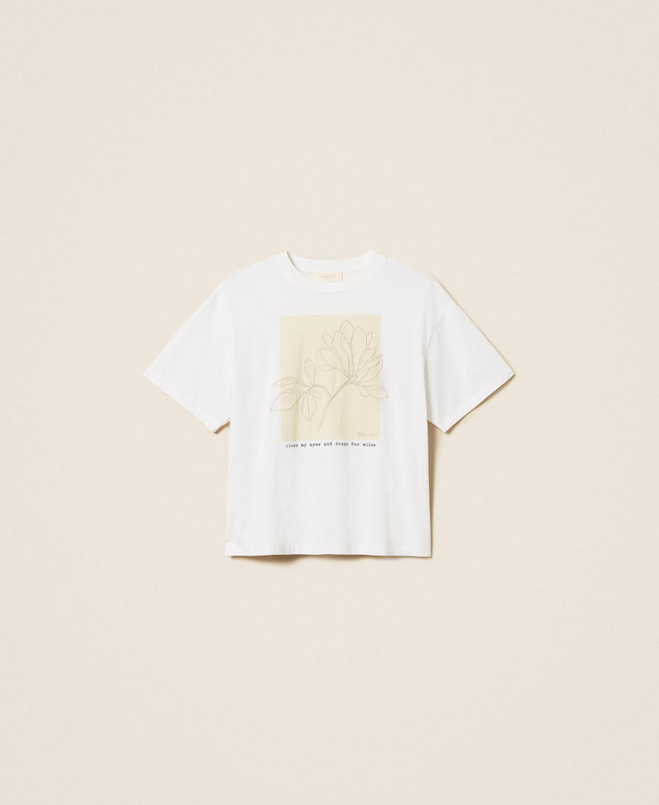 T-shirt regular con stampa e ricamo Bianco Ottico / Stampa Fiore Avorio Donna 261TE2090_13328_S0
