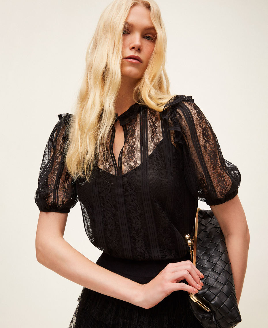 Bluse aus Spitze im Streifen-Dessin Schwarz Frau 261TP2540_00006_PC