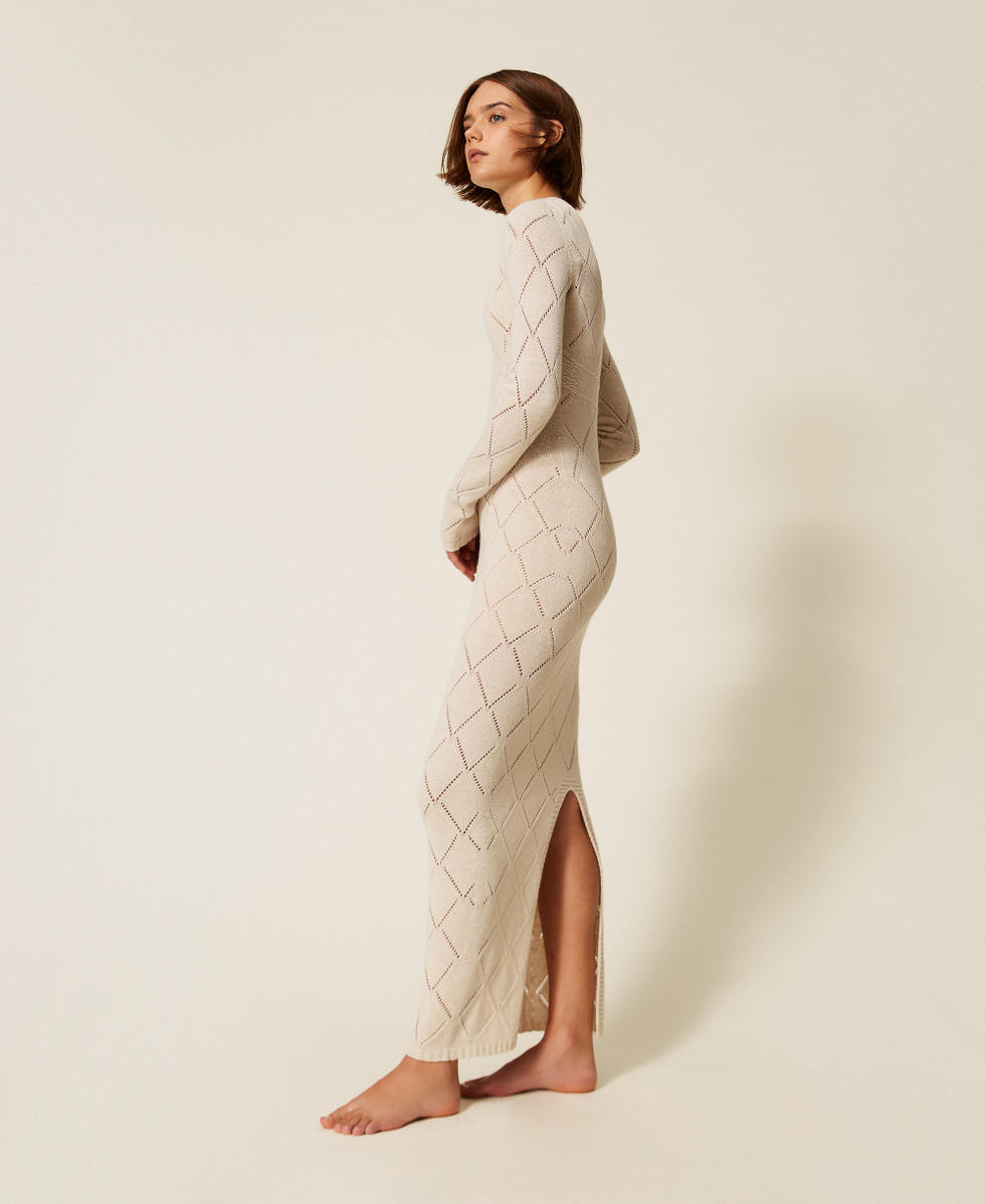 Long Treeblend yarn dress with diamond pattern Pale Cream Woman 252TP3470_00522_02