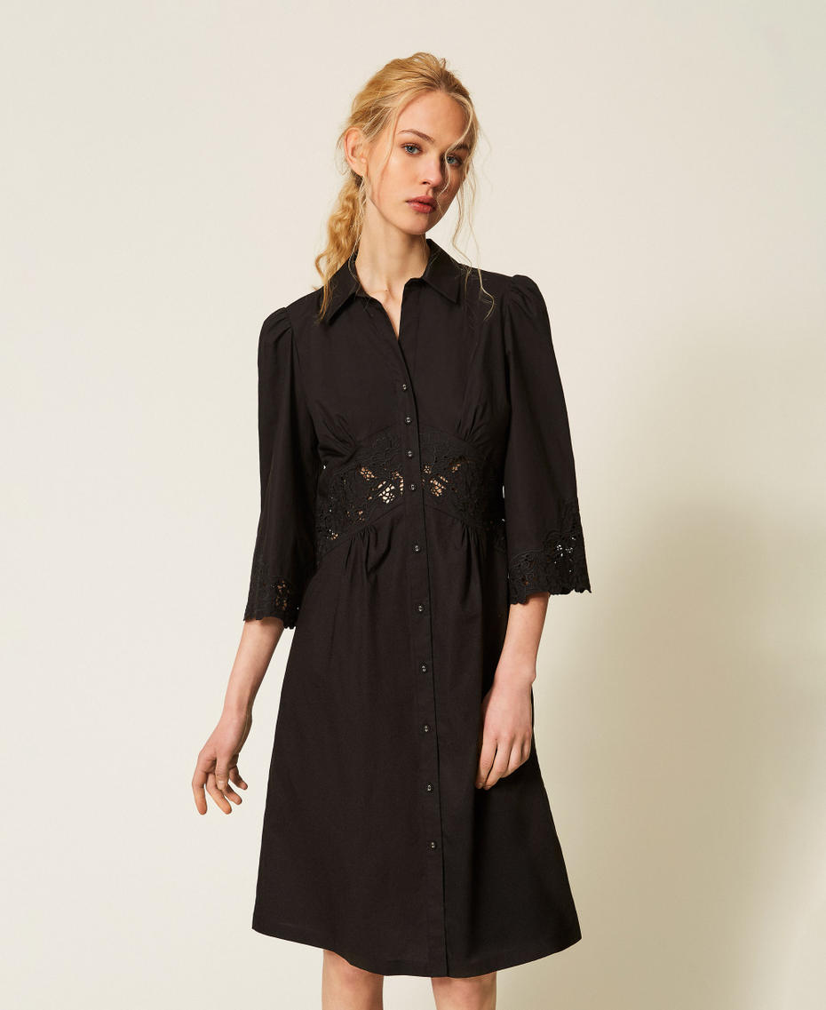 Midi poplin and broderie anglaise dress Black Woman 261TT2034_00006_01