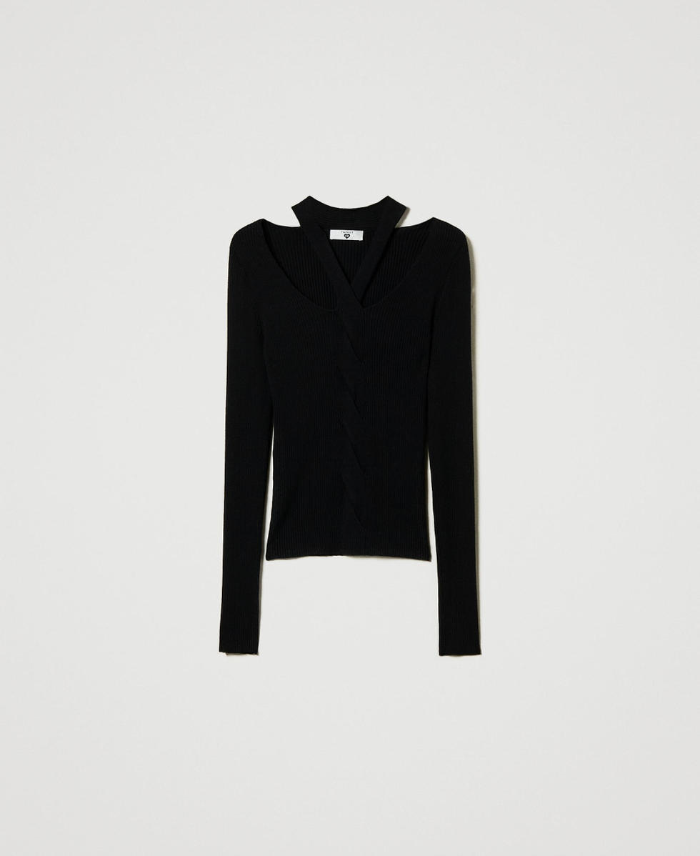 Gerippter Pullover mit Cut-outs Schwarz Frau 242LI3CDD_00006_S0