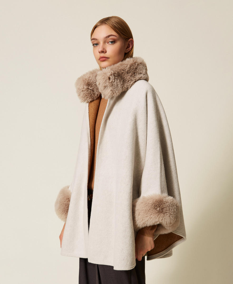 Poncho en drap et fausse fourrure Blanc Neige Femme 252TO5130_00282_04