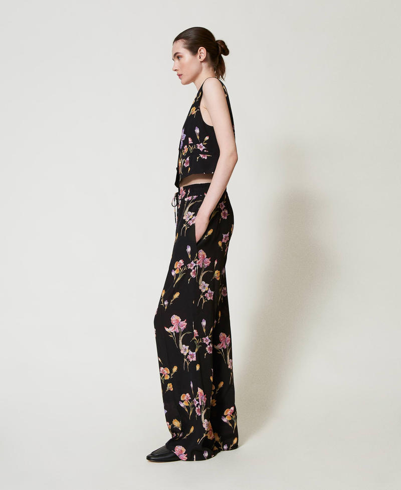 Crêpe de Chine floral trousers with elasticated waist Multicolour/Black Iris Print Woman 251TP2776_12328_01