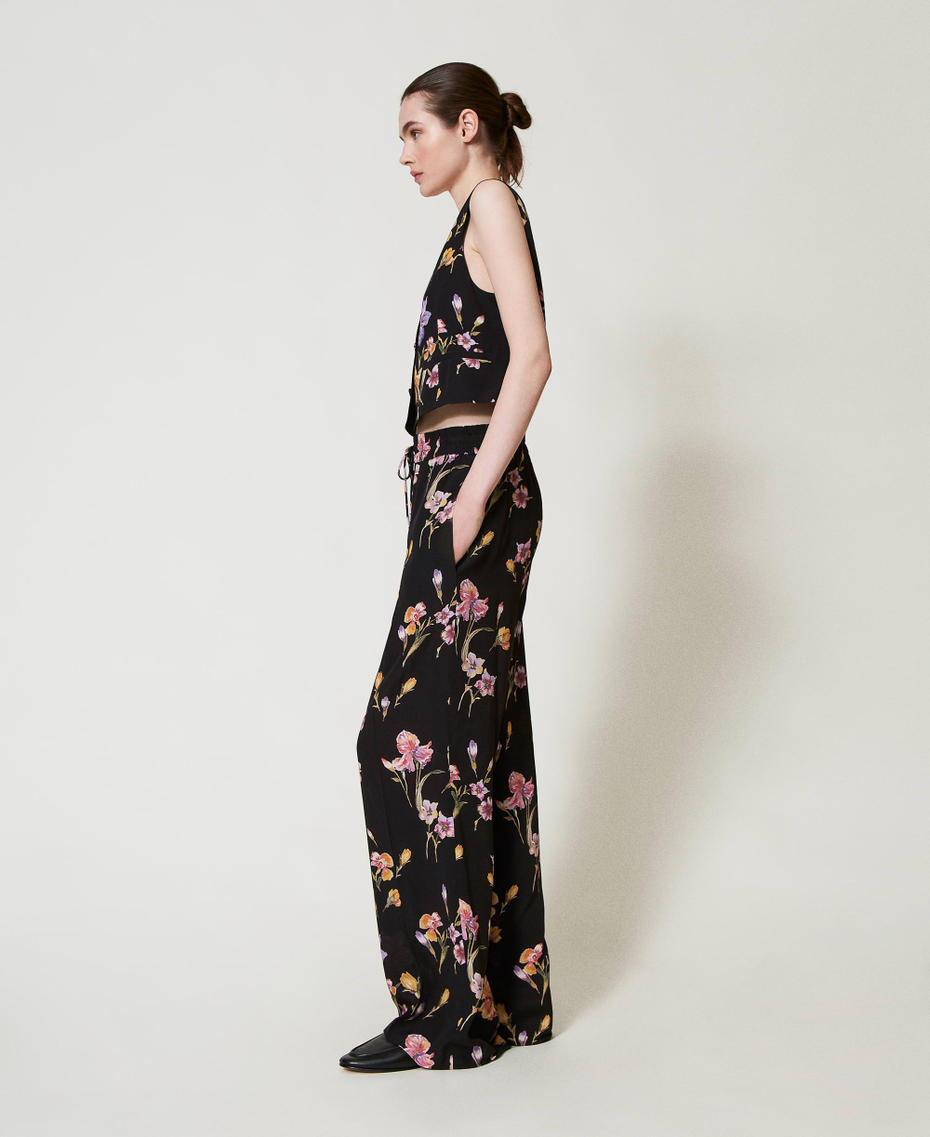 Crêpe de Chine floral trousers with elasticated waist Multicolour/Black Iris Print Woman 251TP2776_12328_01