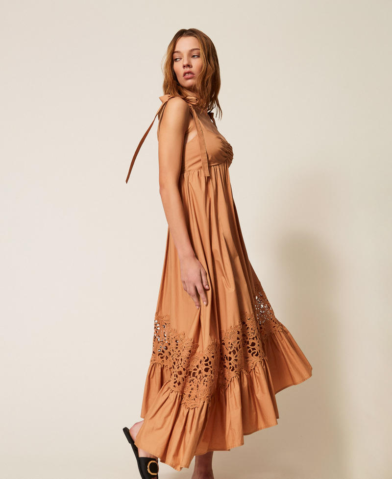 Poplin midi dress with macram&eacute; "Hazelnut&rdquo; Brown Woman 261LB2ABB_10282_02