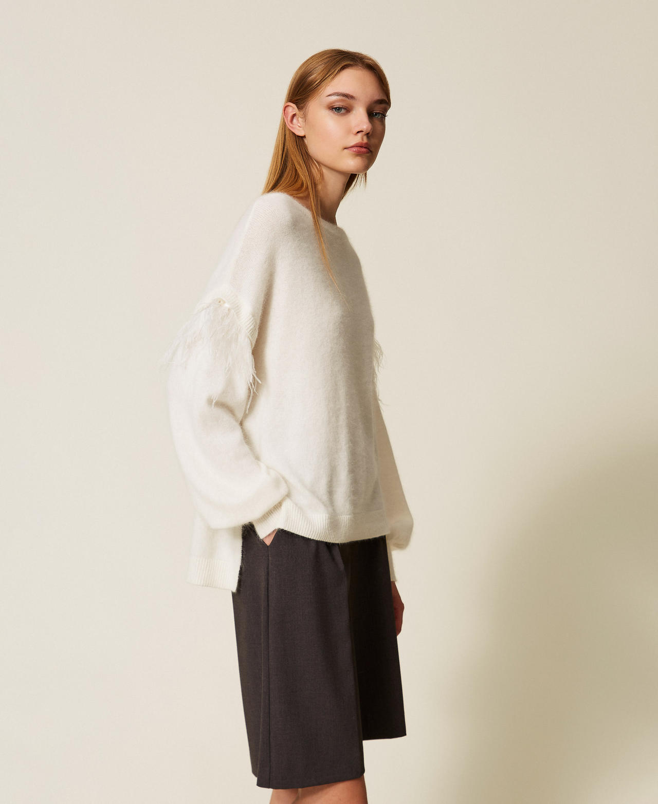 Angora blend jumper with feathers White Snow Woman 252TT3185_00282_03