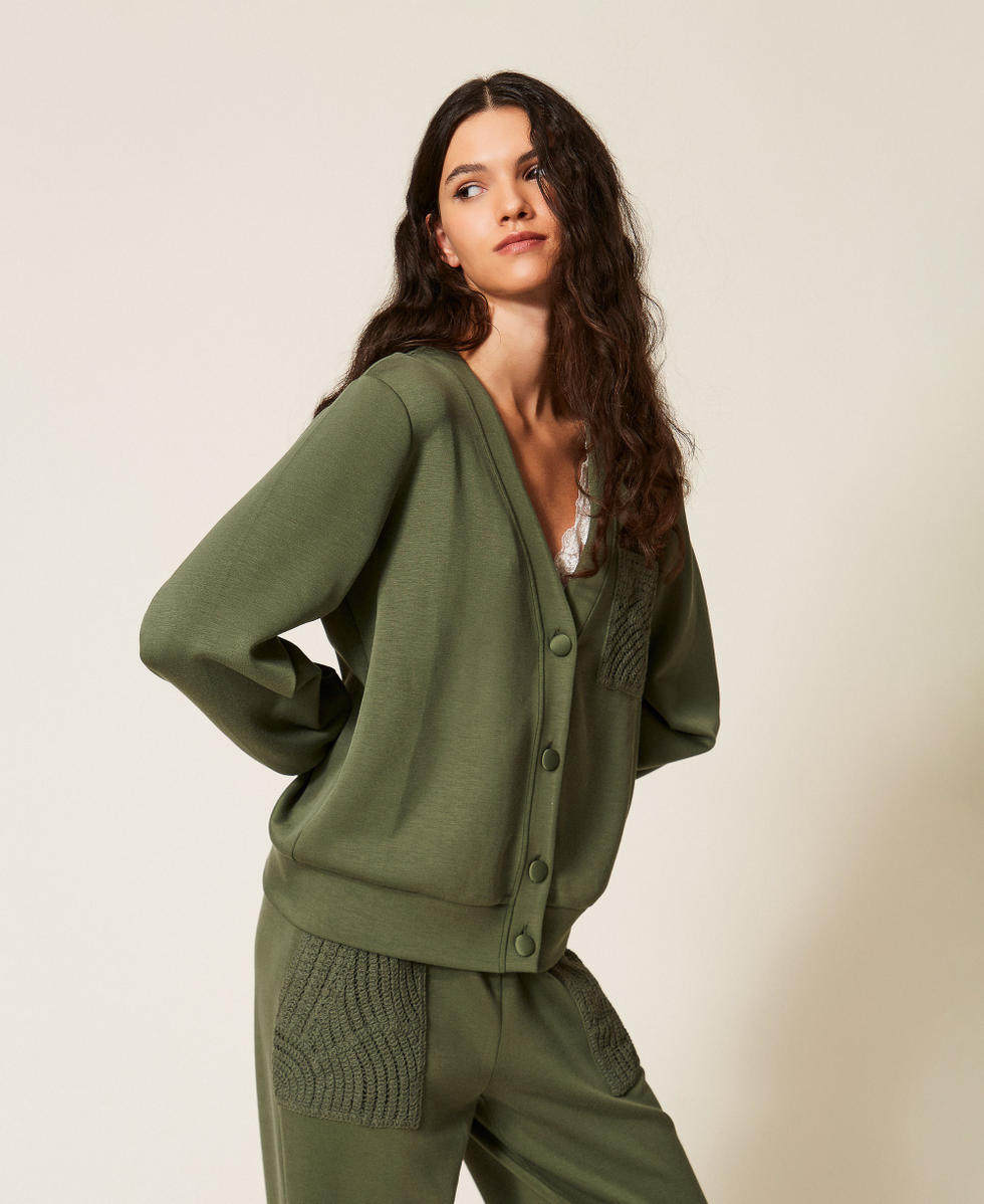 Scuba cardigan with crochet detail Thyme Green Woman 261LL2GEE_12843_02