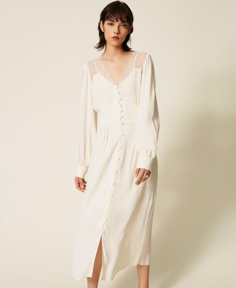 Langes Kleid aus Jacquard mit Spitze Perlmutt Frau 262TP2480_00059_02