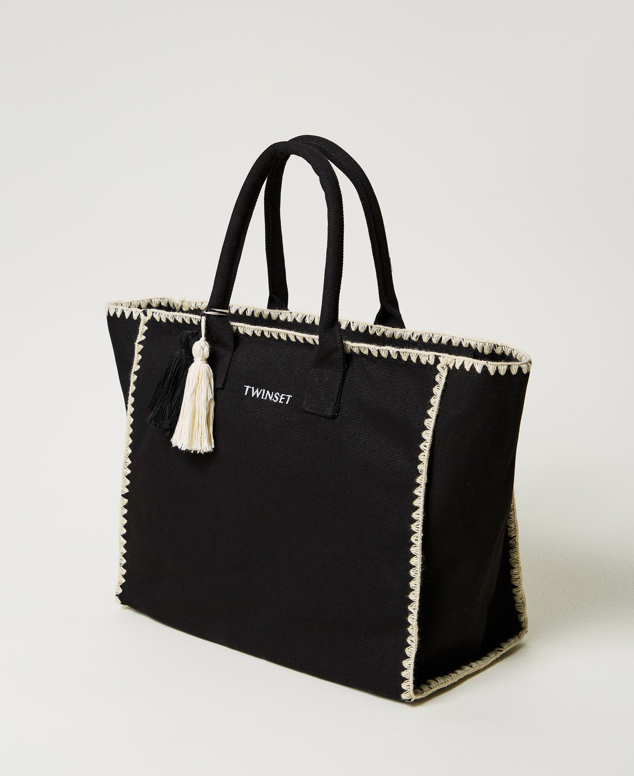 Borsa shopper in canvas con ricamo Nero Donna 251LB7AFF_00006_02