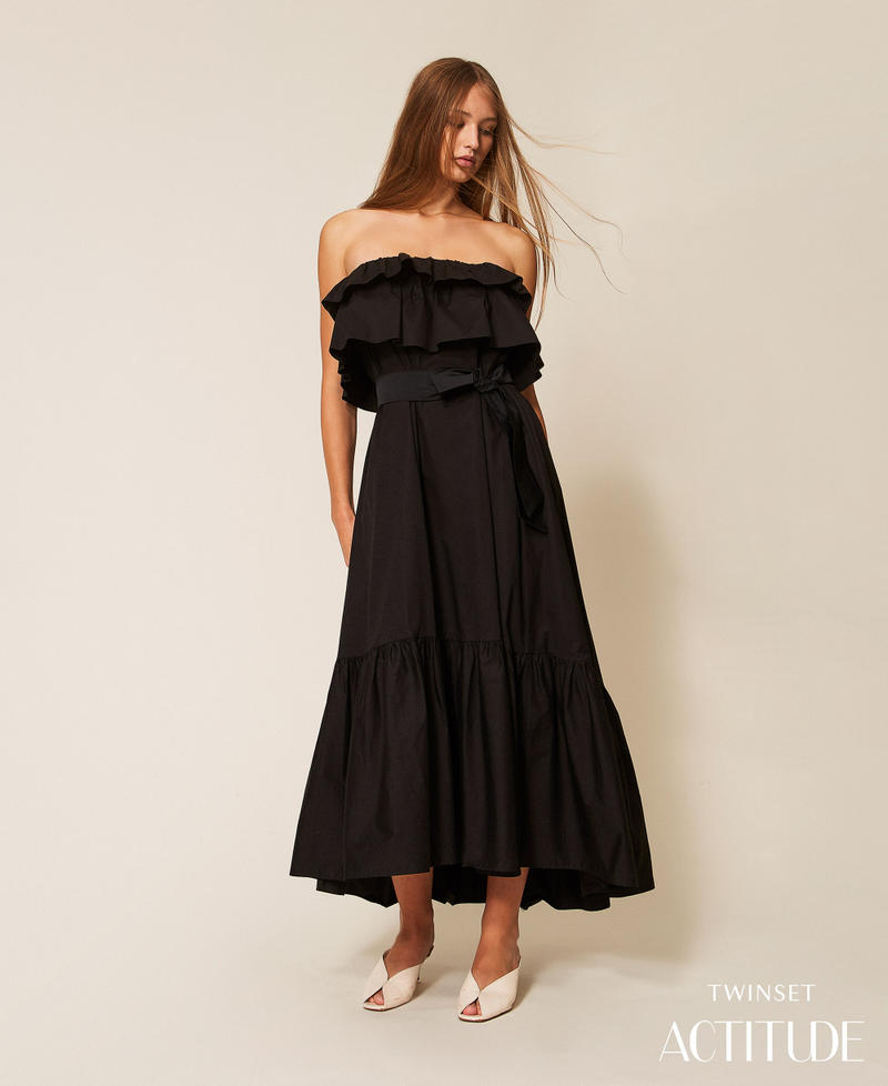 Off-shoulder long poplin dress Black Woman 261AP2133_00006_PA