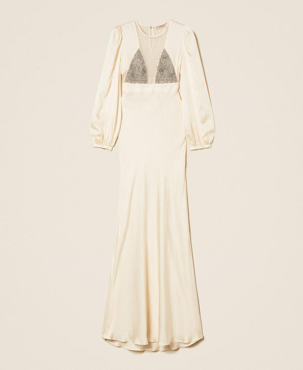 Long satin and tulle dress with embroidery