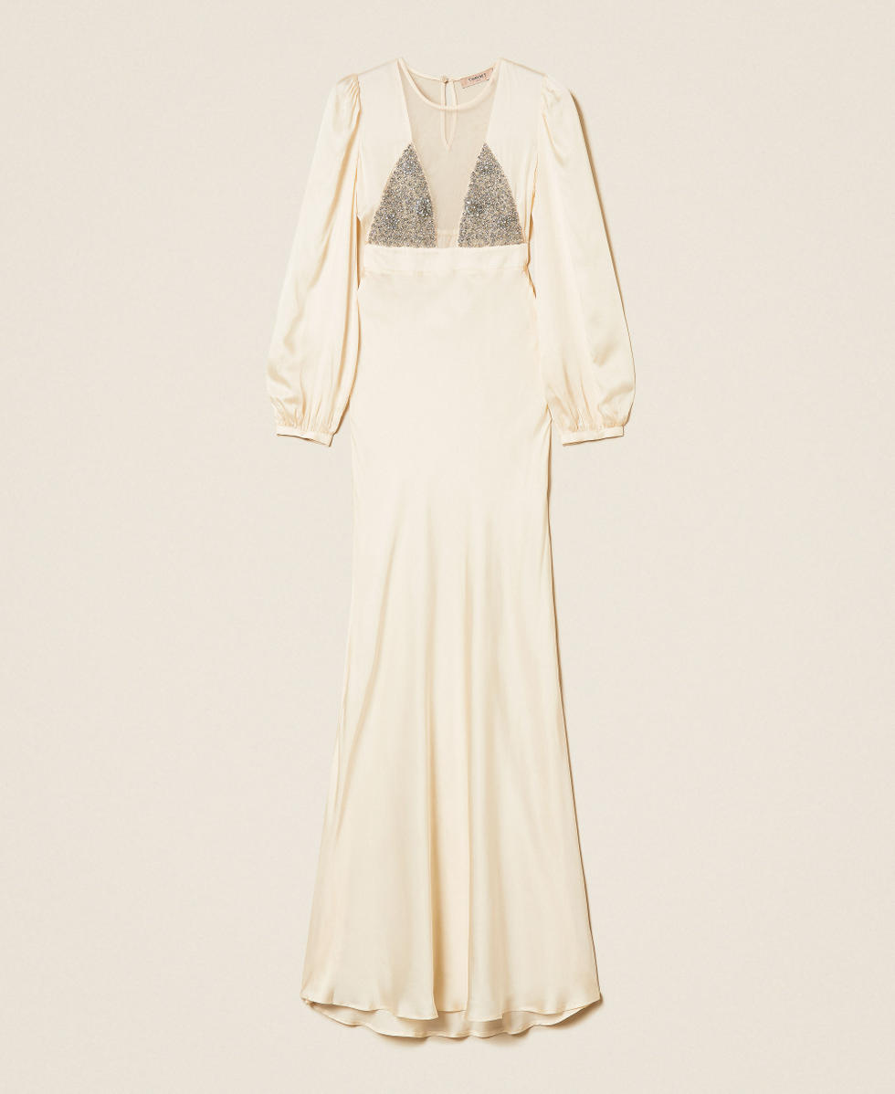 Long satin and tulle dress with embroidery Light Natural Woman 252TT2131_12227_S0
