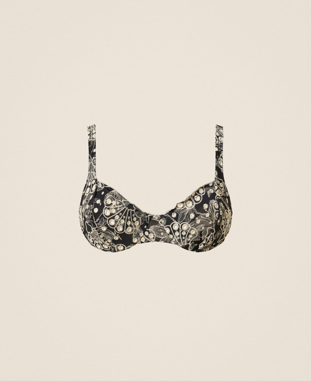 Twinset Beachwear - Underwired bikini top with embroidery, Black/Vanilla White Toile De Jouy Print, Size: 2-D