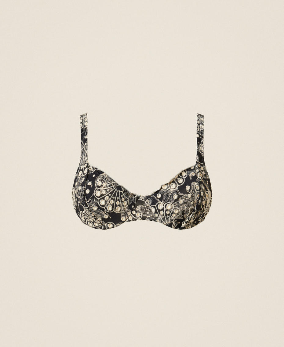 Underwired bikini top with embroidery Black/Vanilla White Toile De Jouy Print Woman 261LMMD55_13466_S0