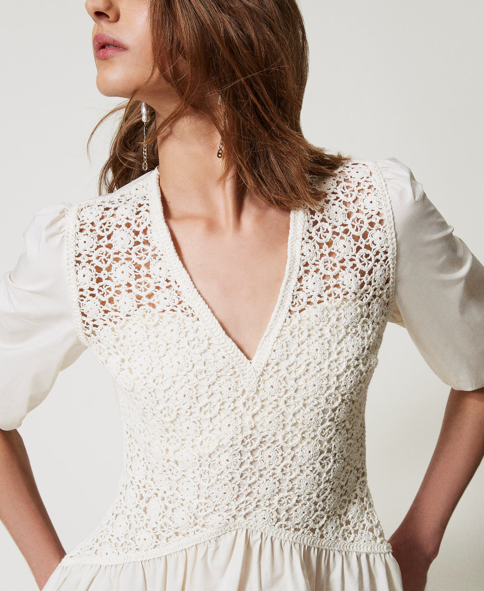 Short poplin dress with crochet detail Woman, White