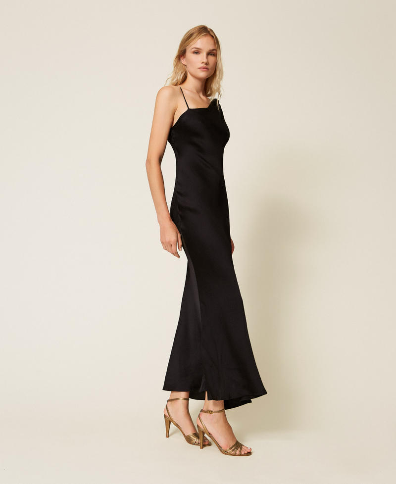 Long asymmetric satin dress Black Woman 252TP2360_00006_02