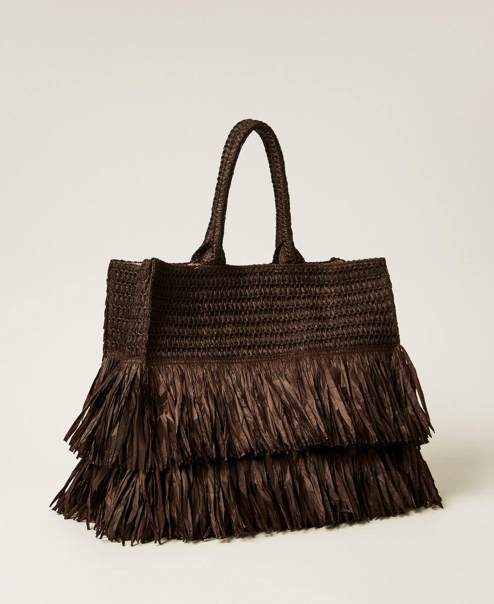 Raffia shopper bag with fringes Coffee Chocolate Woman 261LM8AAA_11946_03