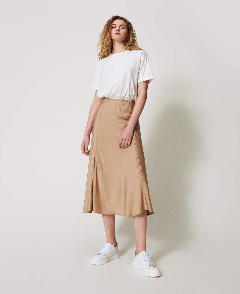 Long dress with satin skirt Two-tone Brown Box/White Cloud Woman 251LL2YCC_12274_01