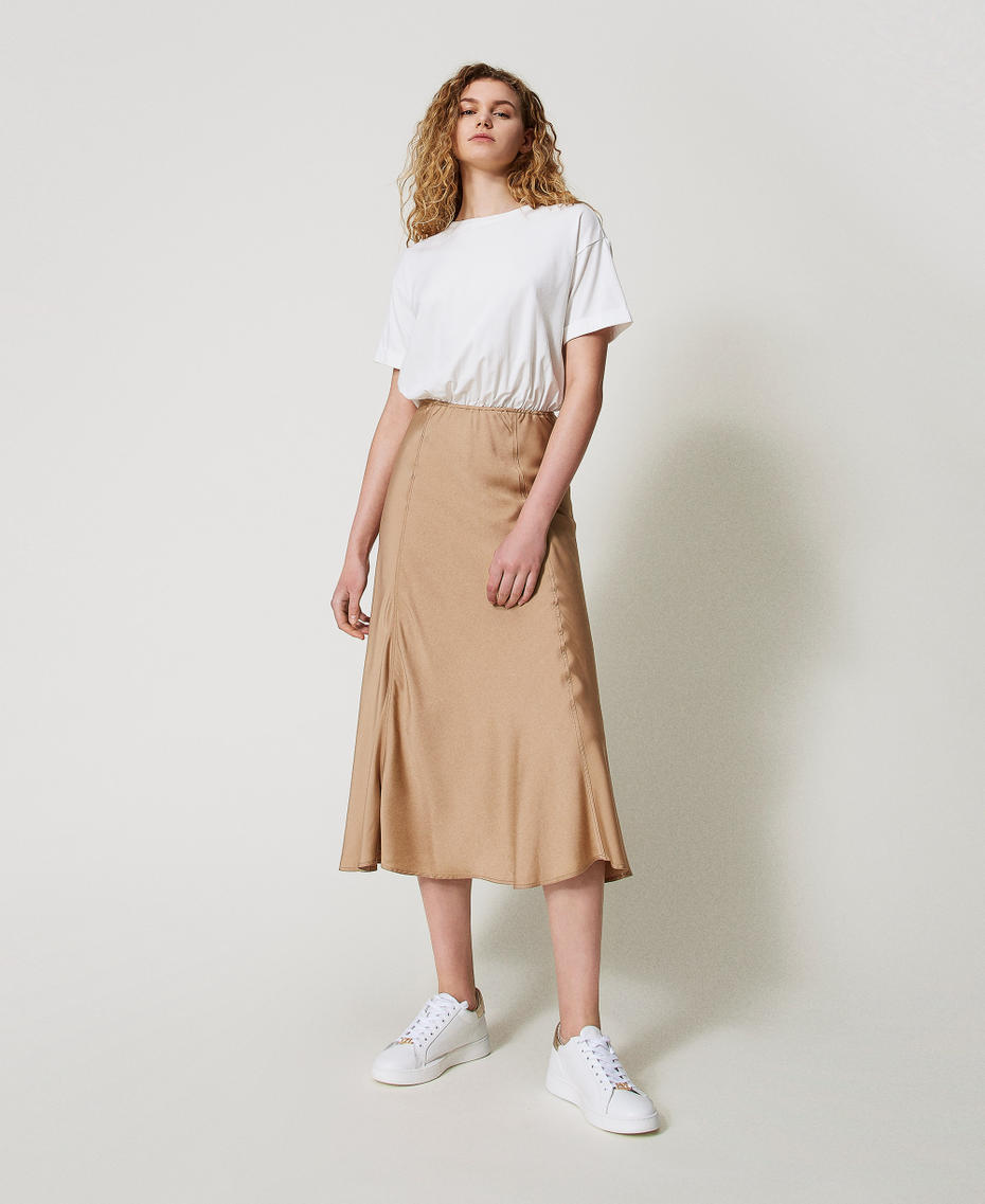 Long dress with satin skirt Two-tone Brown Box/White Cloud Woman 251LL2YCC_12274_01