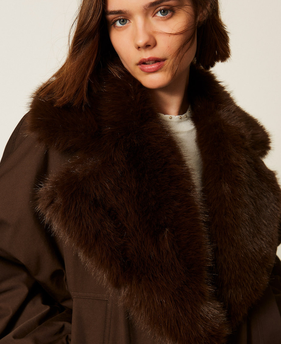 Gabardine jacket with faux fur collar Darkness Brown Woman 262TP2181_13411_05