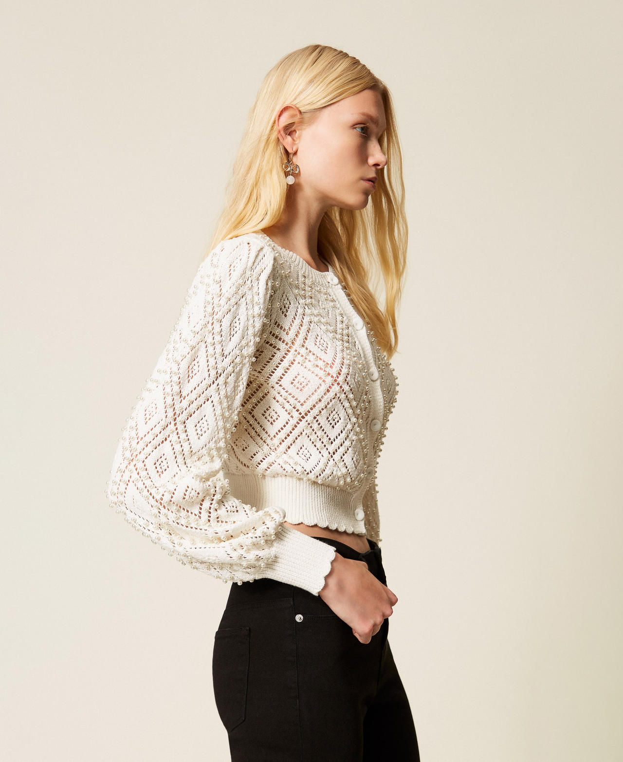 Cardigan avec losanges et perles Nacre Femme 261TP3203_00059_02