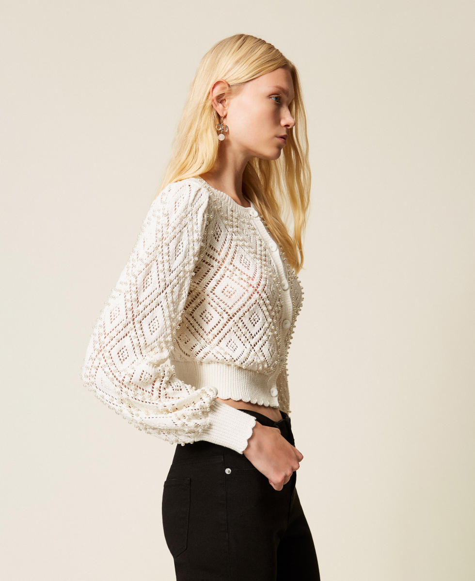 Diamond pattern cardigan with pearls Mother Of Pearl Woman 261TP3203_00059_02