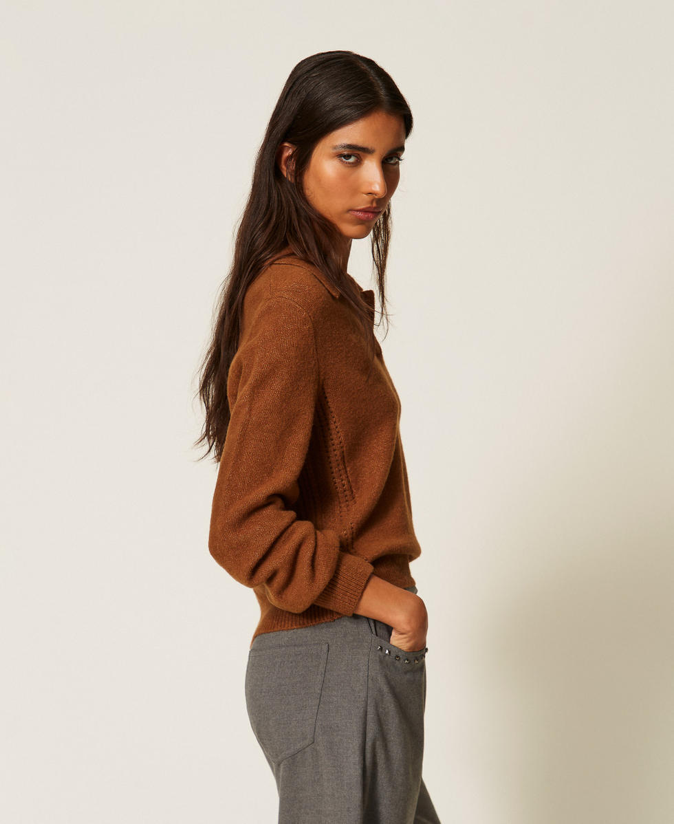 Polo collar jumper with embroidery Toffee Beige Woman 262AT3121_00605_02