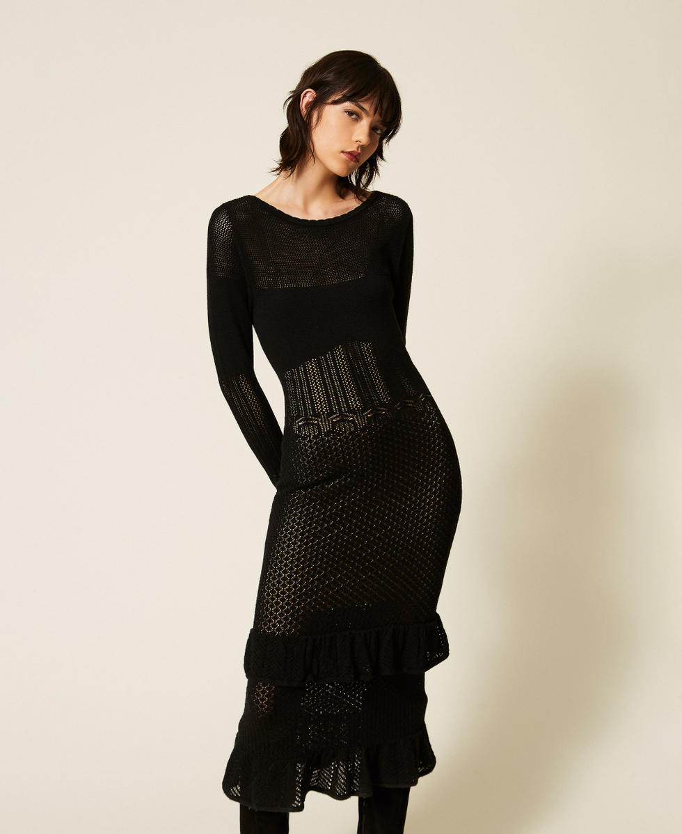 Long wool blend knit dress with ruffles