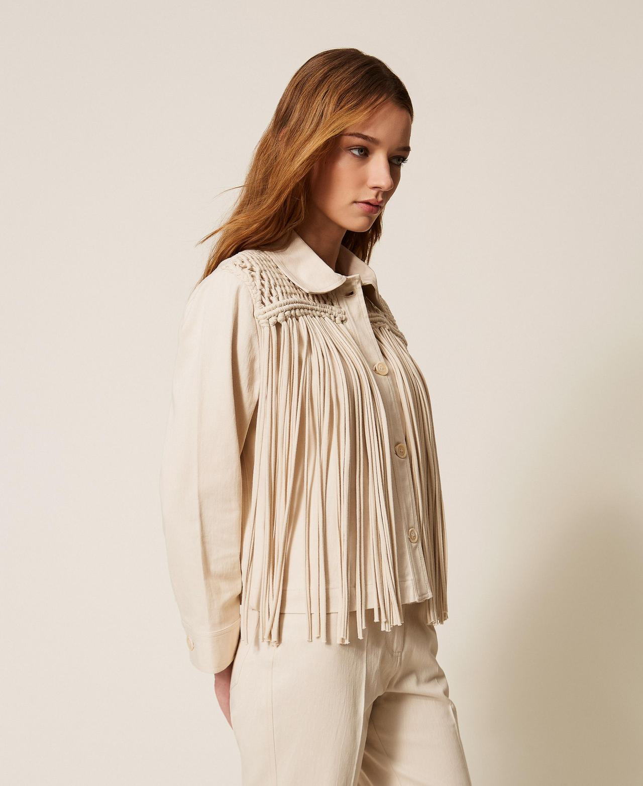 Bull denim jacket with fringes Parchment White Woman 261LB2JAA_00461_03