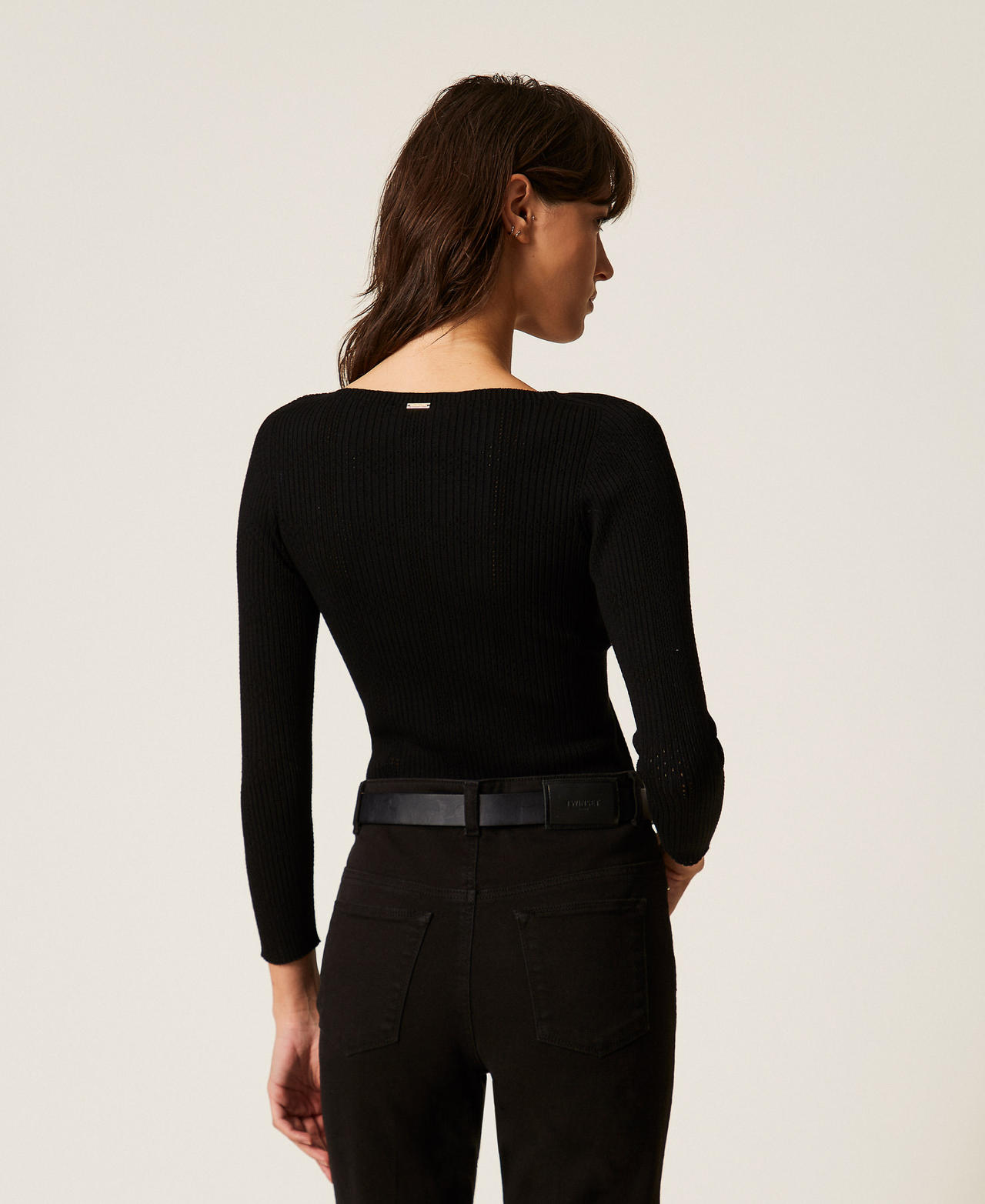 Ribbed jumper with check pattern Black Woman 261TP3401_00006_03