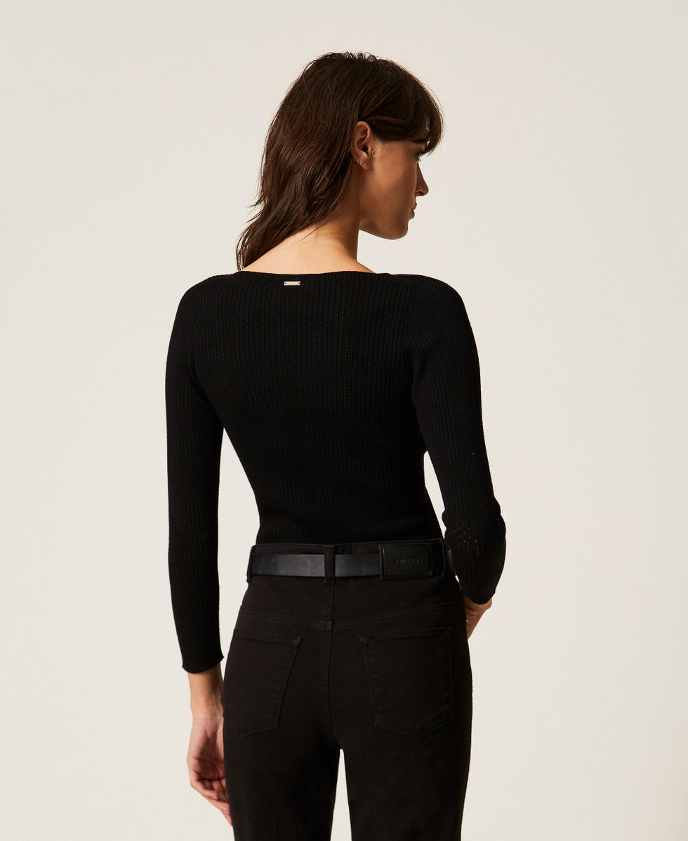 Gerippter Pullover mit Check-Muster Schwarz Frau 261TP3401_00006_03