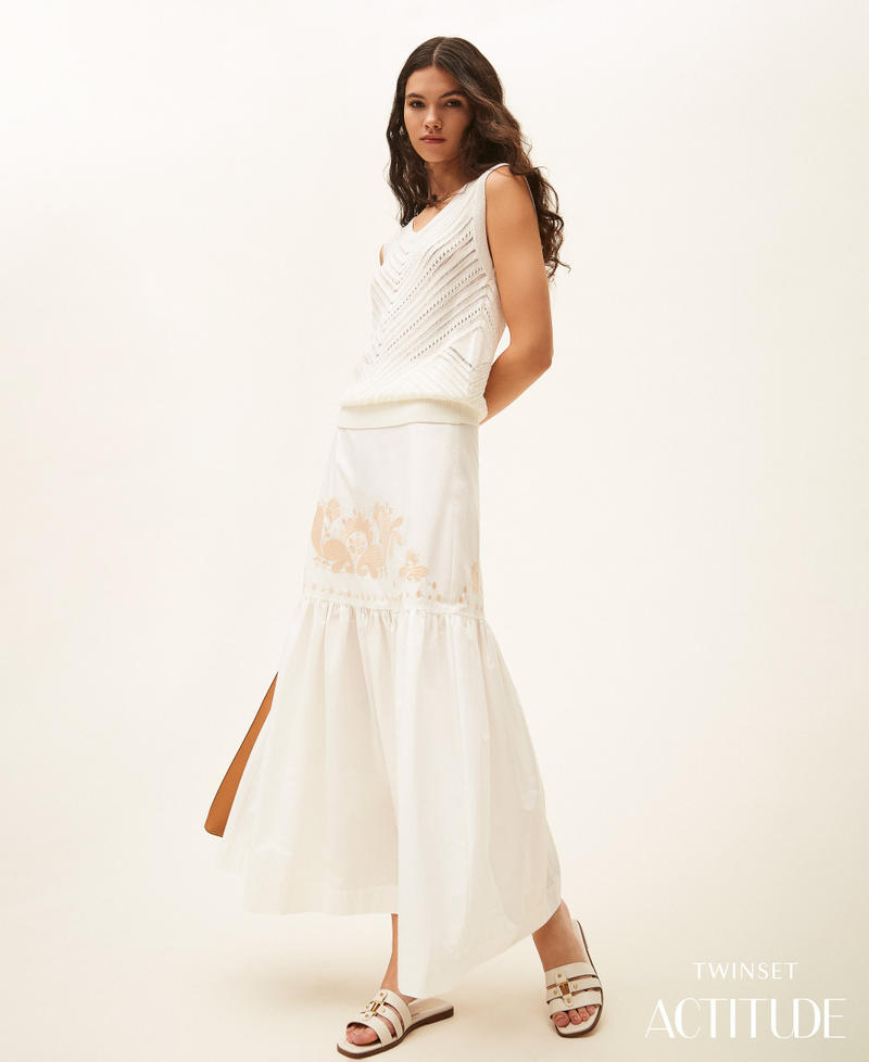 Gonna lunga con balza e ricamo Off White Donna 261AT2040_00526_PA