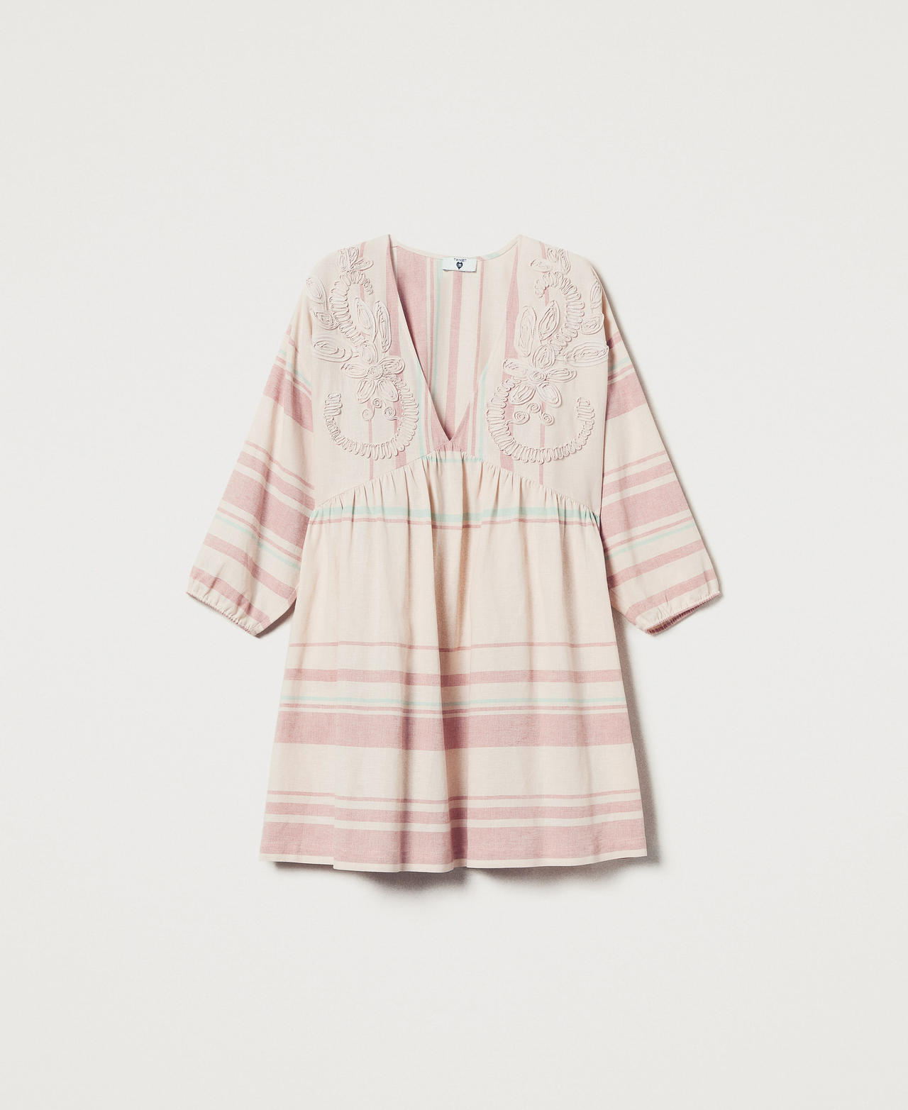 Caftan court en lin mélangé avec broderies Rayure Almond Beige/Green Marine/Amber Brown Femme 251LM2RCC_12377_0S