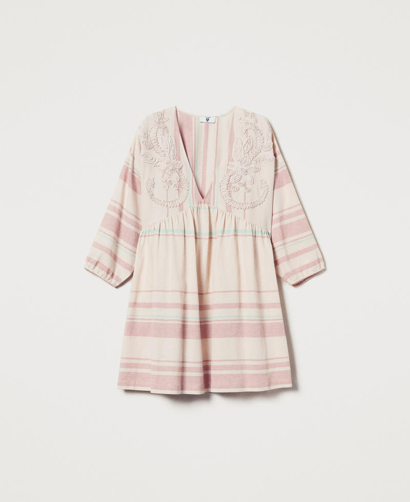 Caftan court en lin mélangé avec broderies Rayure Almond Beige/Green Marine/Amber Brown Femme 251LM2RCC_12377_0S