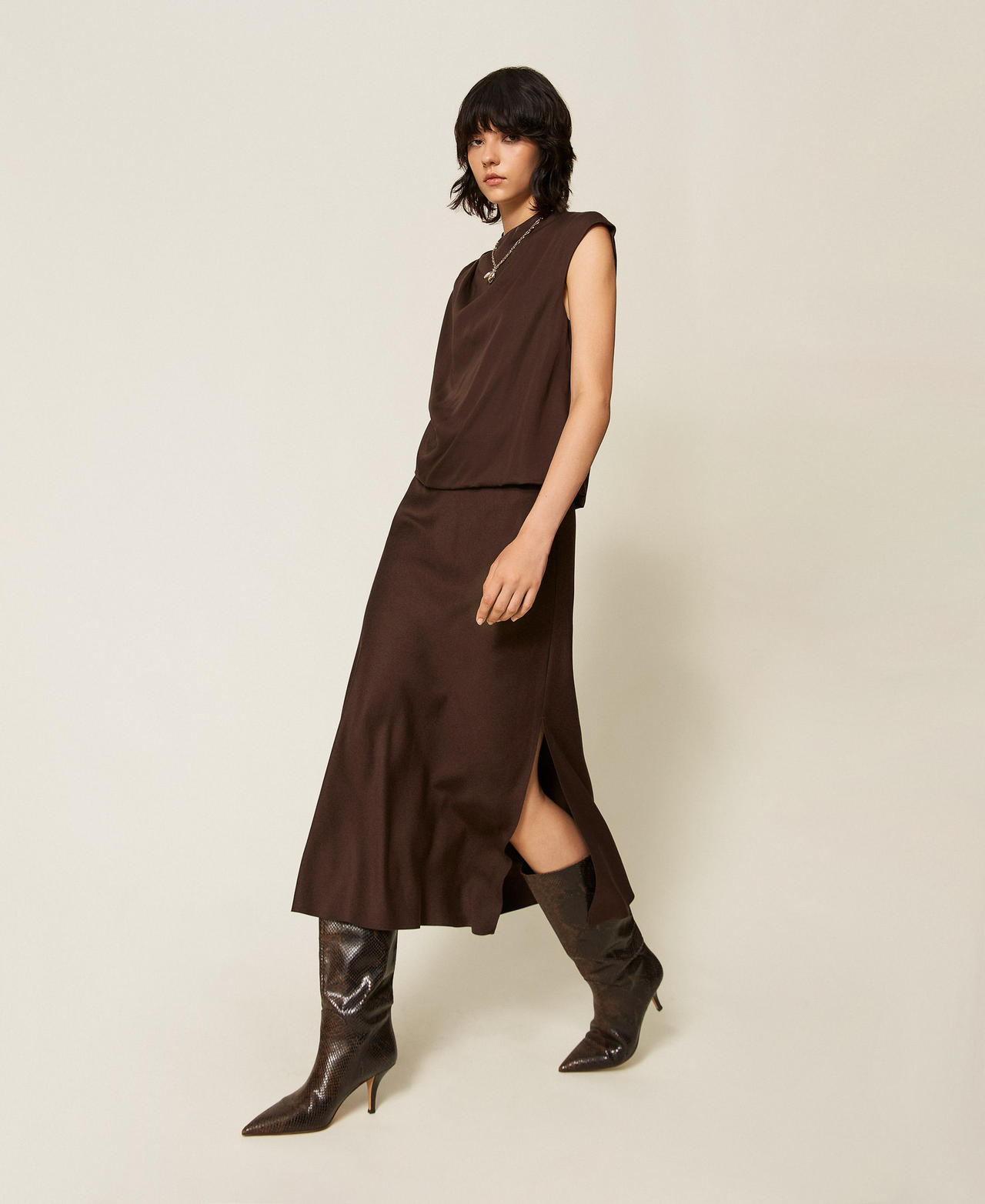 Satin midi dress Mocha Woman 262LI2BMM_13677_02