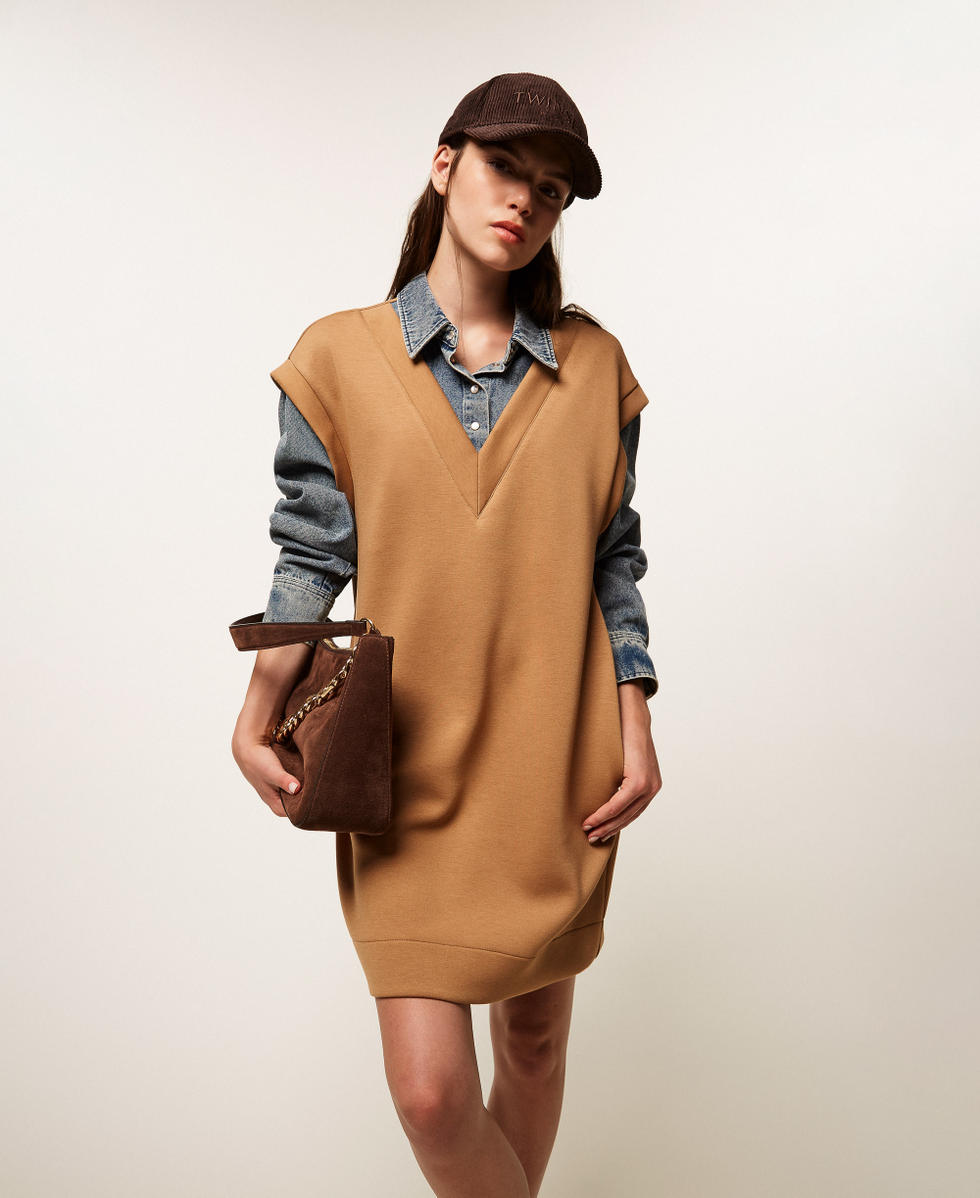 Vestido corto de tejido scuba y vaquero Bicolor Camel / Denim Mujer 252LI2PBB_12671_PC