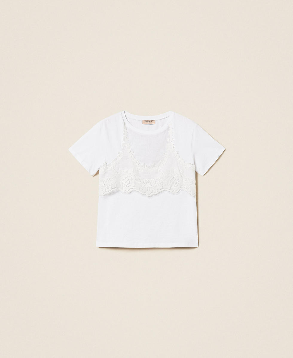 Camiseta trampantojo con encaje Blanco Mujer 261TT2490_00001_S0