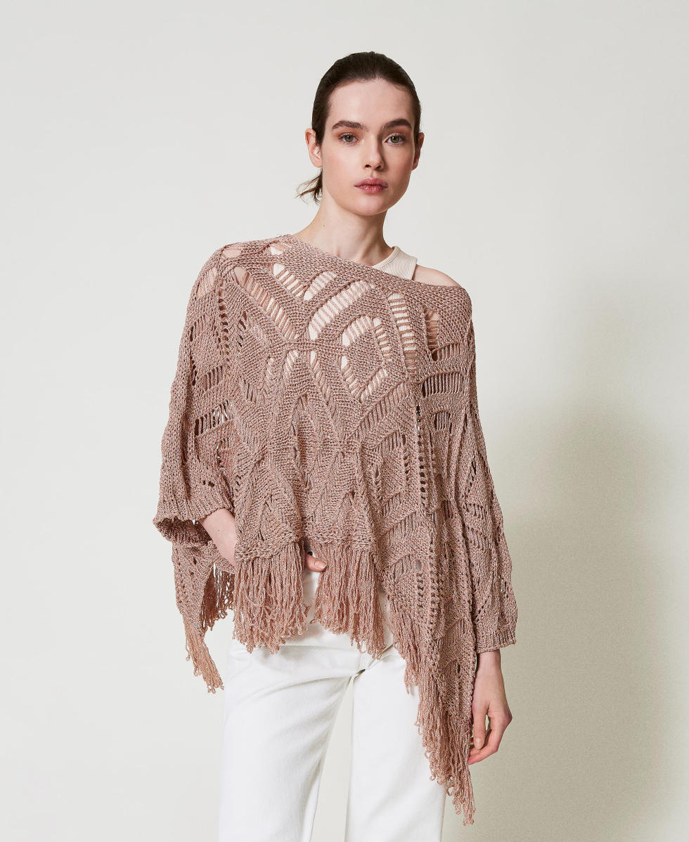 Poncho en maille ajour&eacute;e avec lurex Rose Parisienne Femme 251TA4350_00714_01