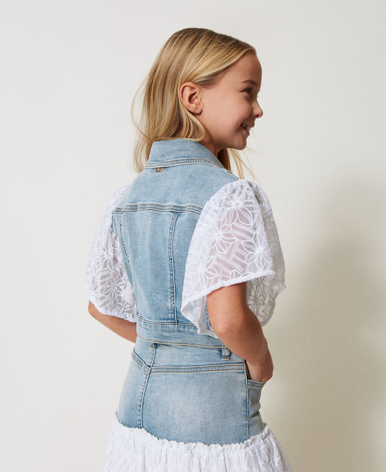 Denim and embroidered tulle jacket Two-tone Light Denim/Ice Girl 251GJ2522_12279_03