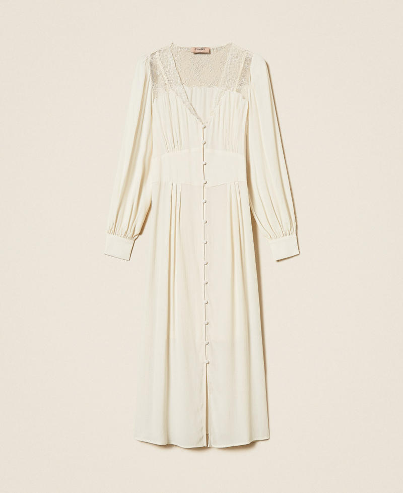 Langes Kleid aus Jacquard mit Spitze Perlmutt Frau 262TP2480_00059_S0