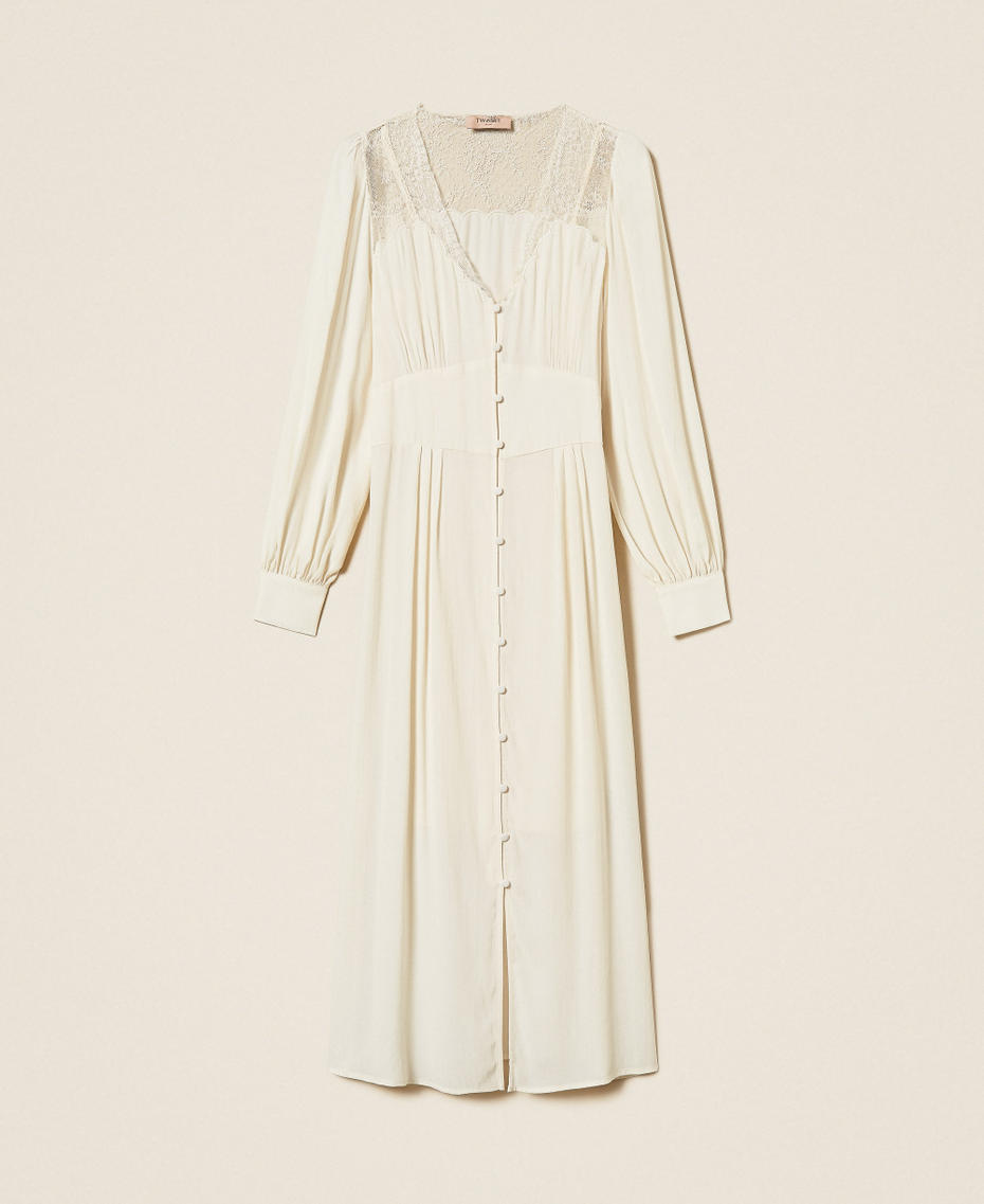 Langes Kleid aus Jacquard mit Spitze Perlmutt Frau 262TP2480_00059_S0