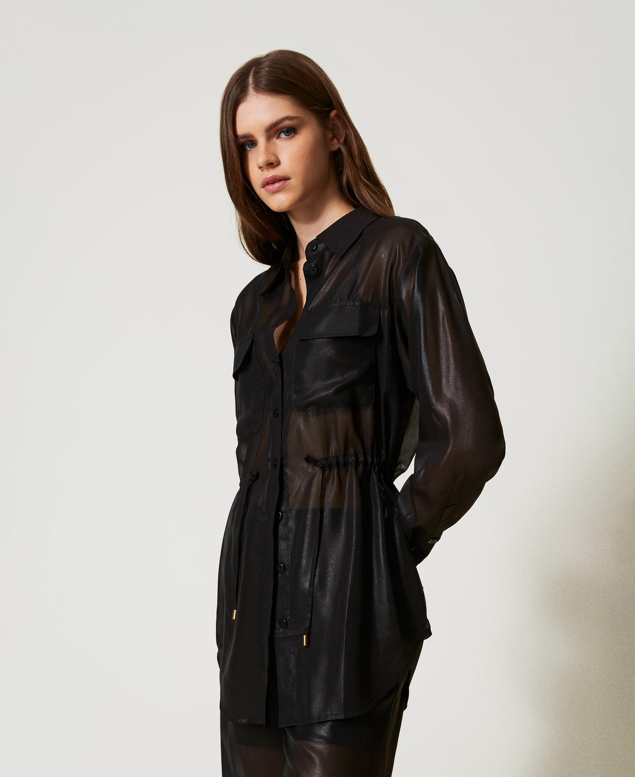 Camicia in georgette laminata Nero Donna 251LB2MAA_00006_02