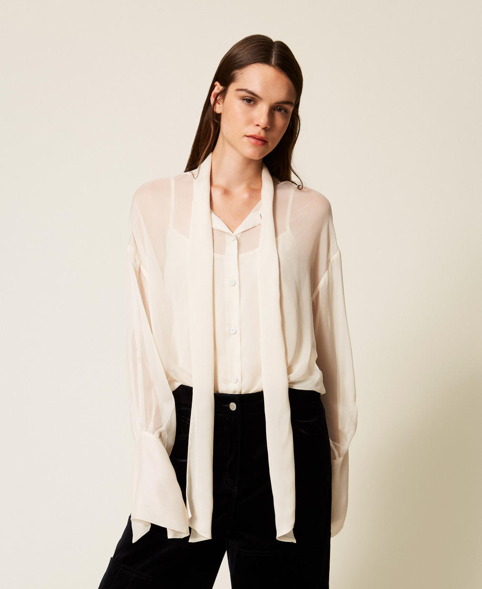 Voile shirt with sash neck Crystal Sand Beige Woman 252AT2210_12610_01