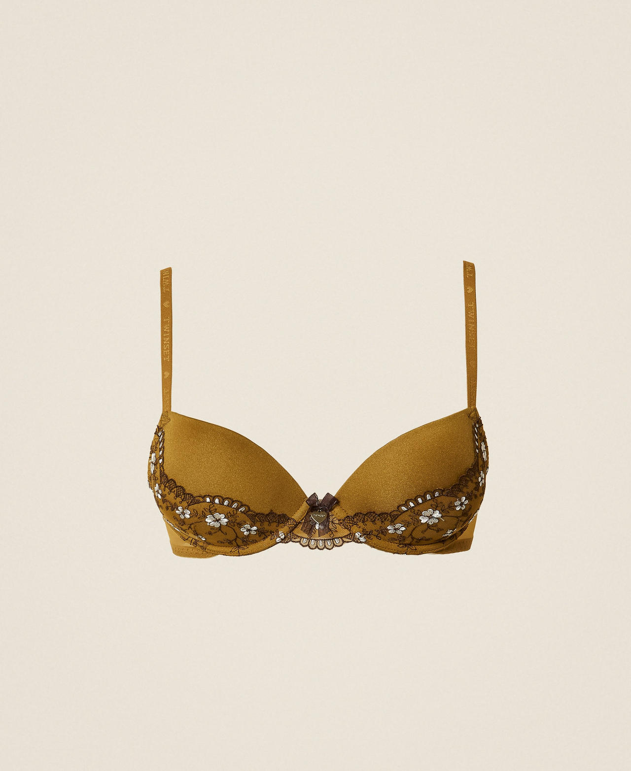 TWINSET - Soutien-gorge push-up en tulle brodé, Femme, Broderie Vert Shiny Oil/Mocha/Nacre, 2-B