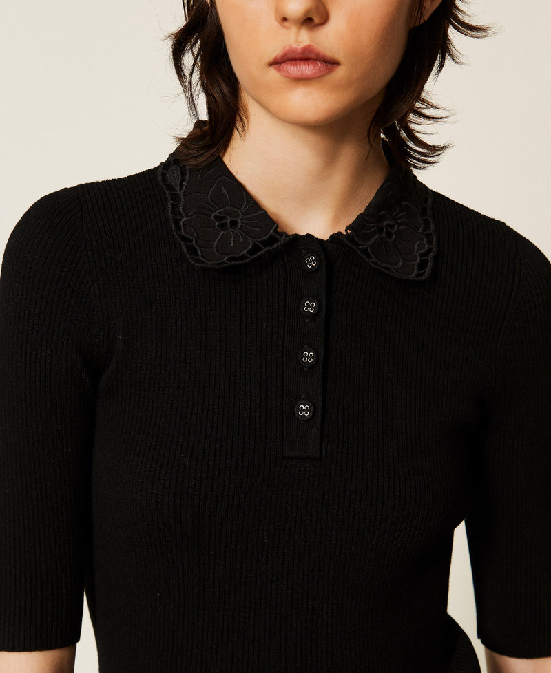 Pull polo avec col en broderie anglaise Noir Femme 262TP3380_00006_04