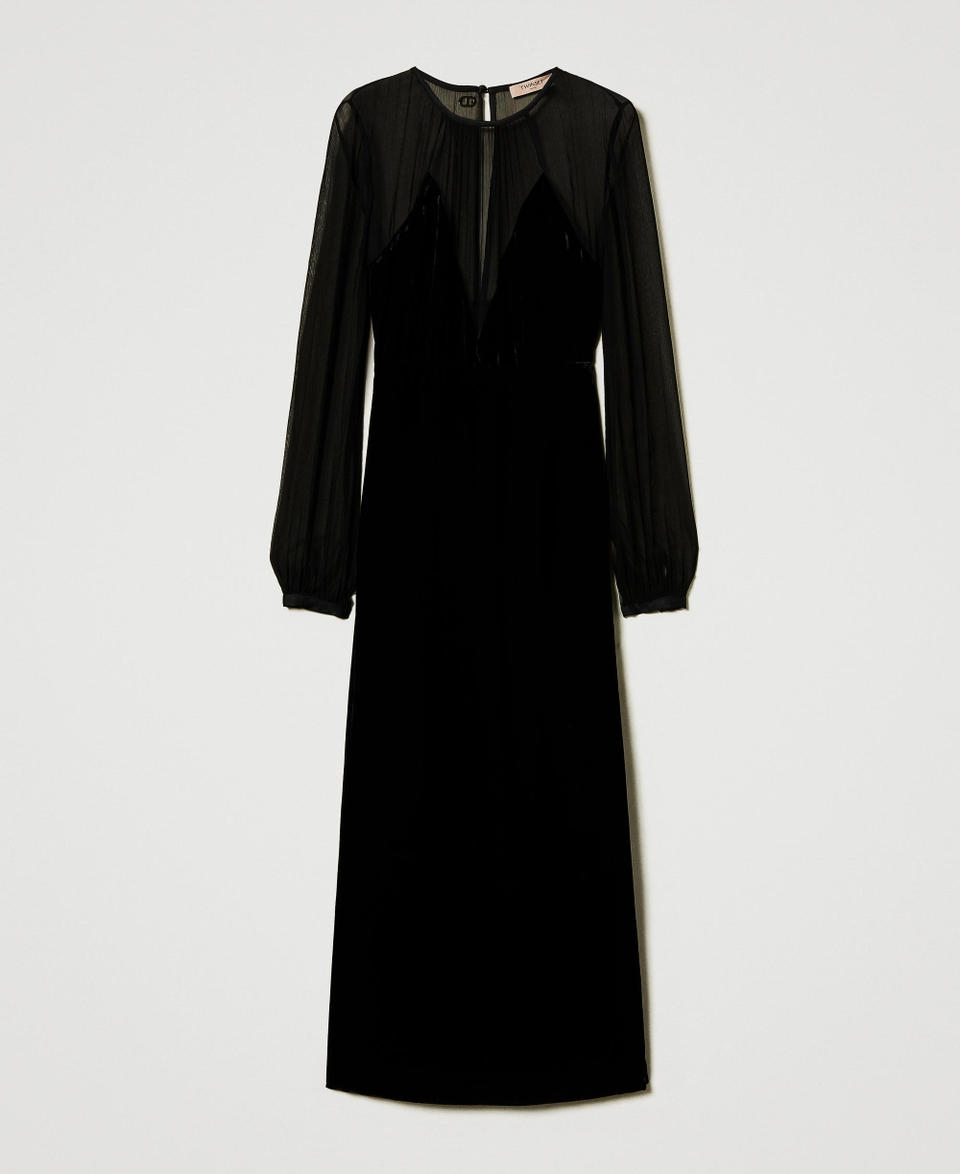 Chiffon and velvet midi dress Black Woman 242TT2180_00006_S0