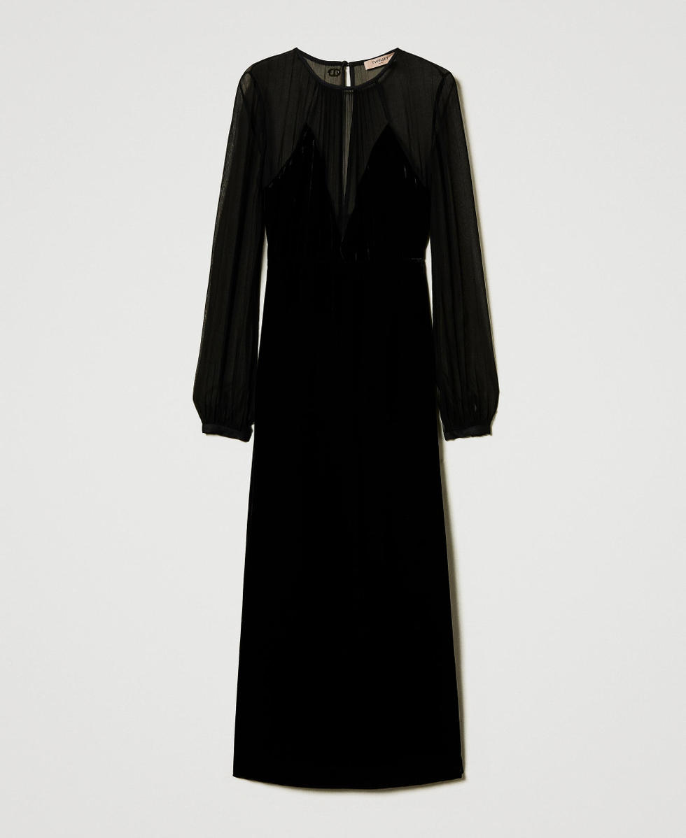 Robe midi en mousseline et velours Noir Femme 242TT2180_00006_S0