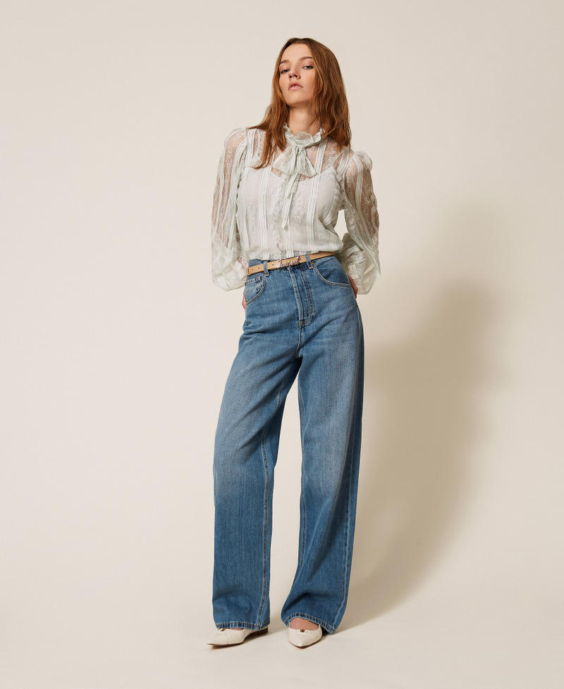 Striped lace blouse with bow Aqua Blue Woman 261TP2541_13162_T0