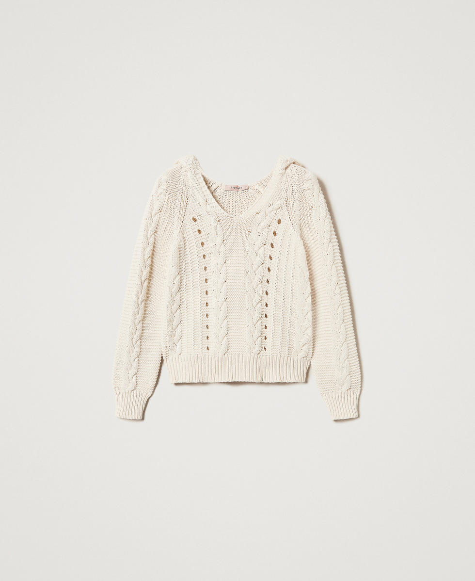 Cable knit hooded jumper Delicate Beige Woman 251TP3460_12140_S0
