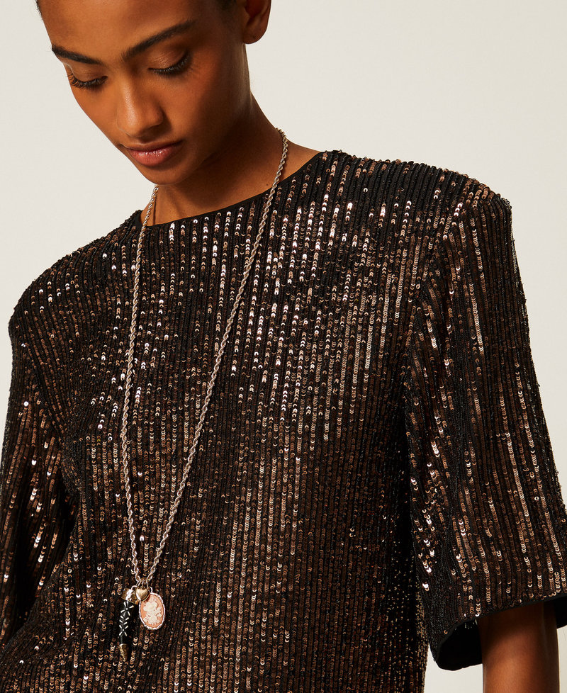 Sequin crew neck blouse Brown Sequin Stripes Woman 262TT2143_14171_04